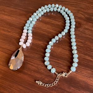 Seafoam green long beaded necklace with smokey crystal pendant